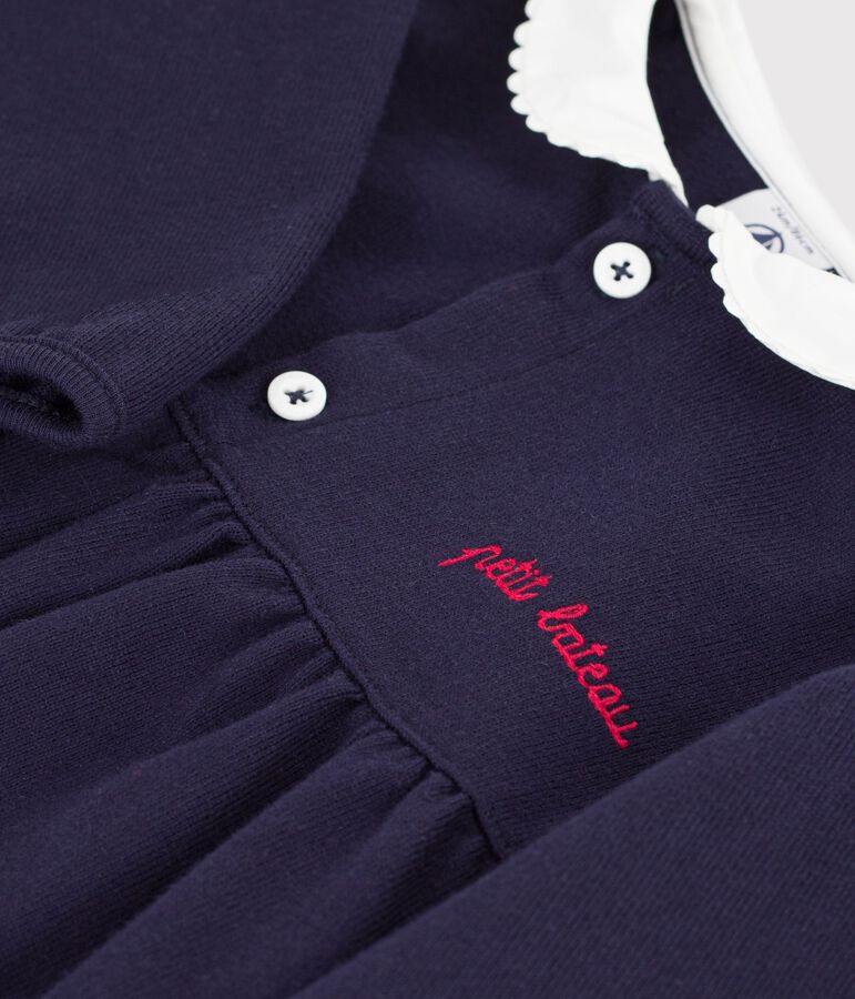 Plain long-sleeved cotton baby dress with collar and embroidered details blue