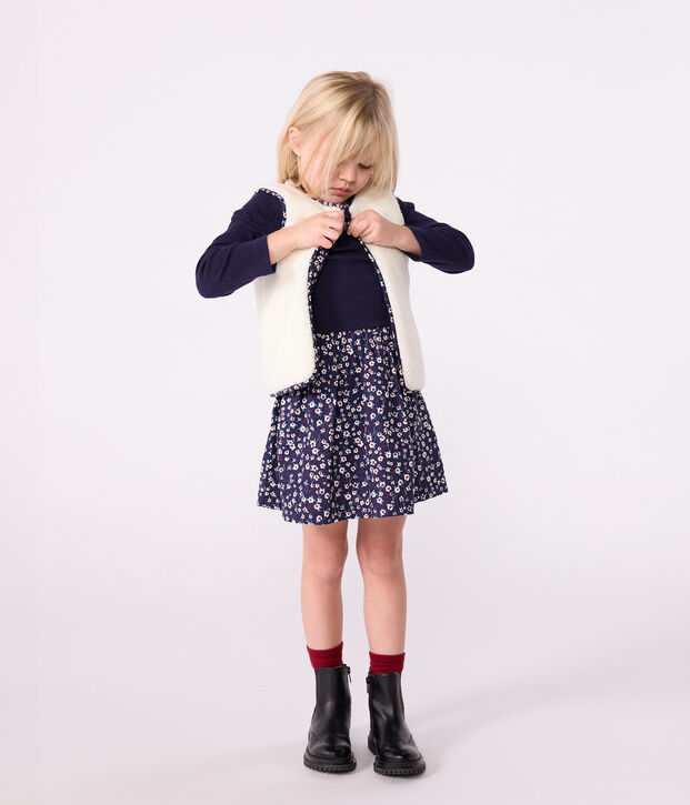 Children's sleeveless cardigan in printed cotton poplin and sherpa blue/multicolor