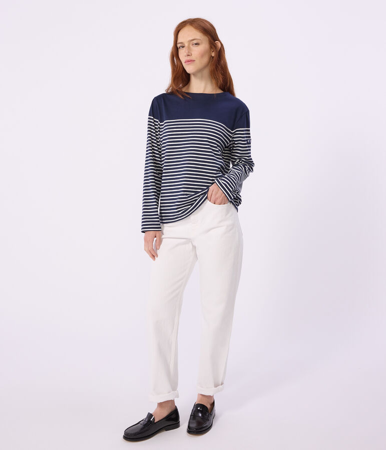 Women's stripy cotton Breton top SMOKING blue/MARSHMALLOW white