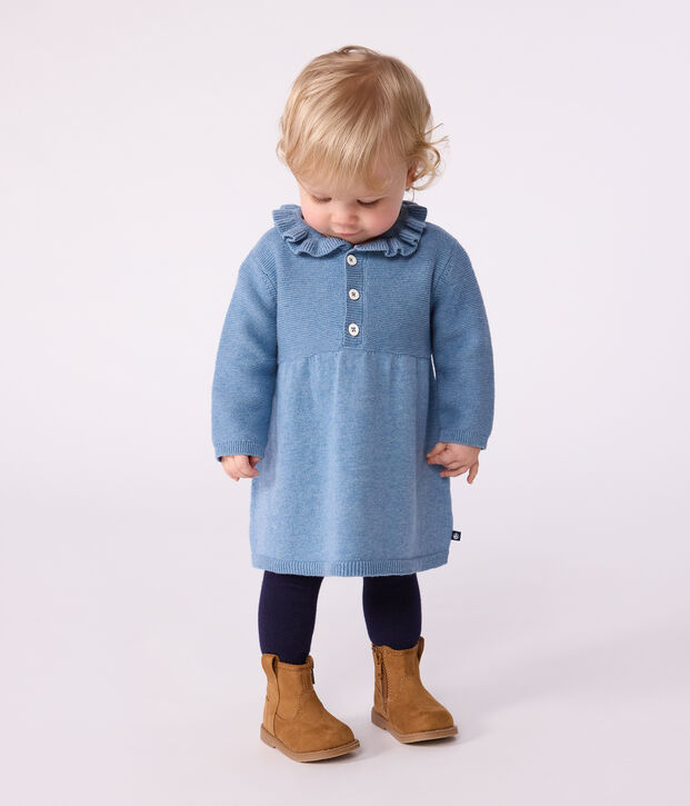 Babies' plain cotton and wool dress blue