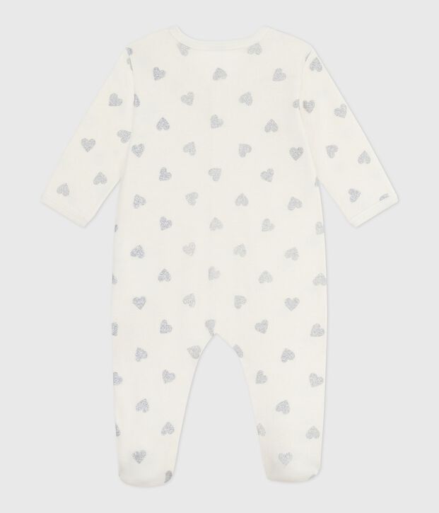 Baby pajamas in cotton with silver glitter hearts print Ecru/grey