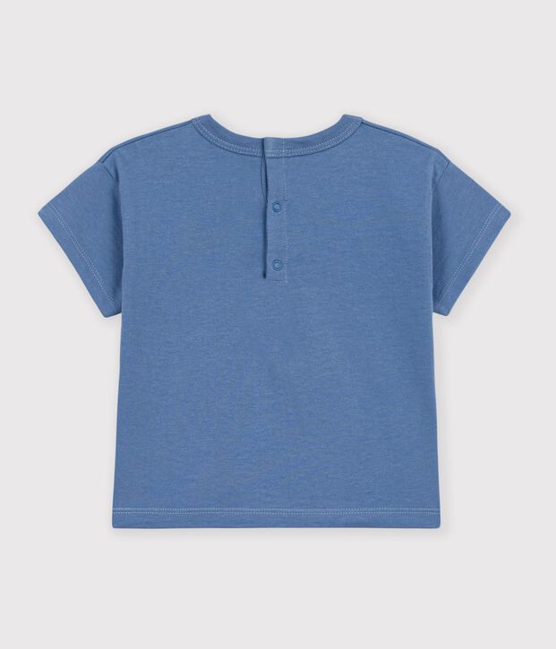 Babies' plain short-sleeved patterned cotton T-shirt blue