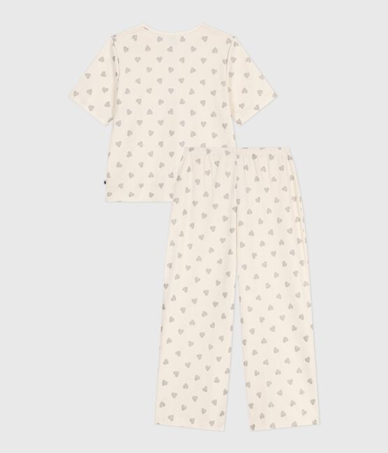 Women's cotton pyjamas with heart print, short sleeves and wide legs MILK Ecru/ARGENT