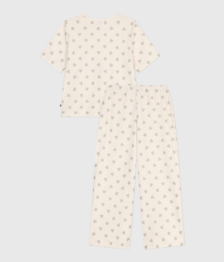 Women's cotton pyjamas with a heart print, short sleeves and wide legs Ecru/grey