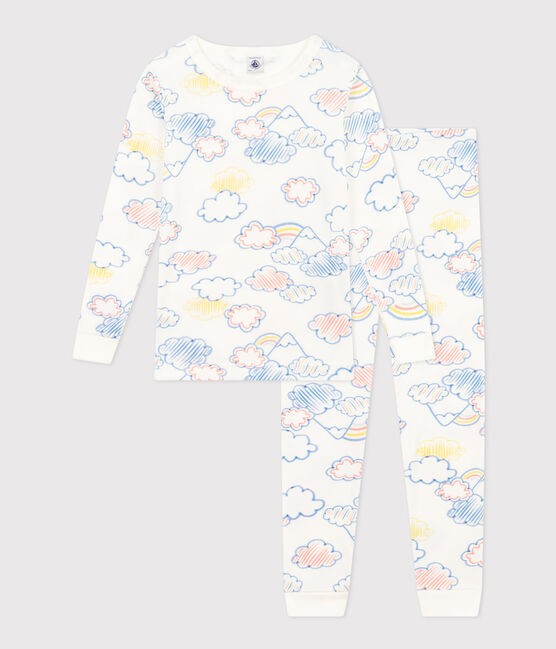 Children's Short Fitted Cotton Rainbow Print Pyjamas MARSHMALLOW white/MULTICO white