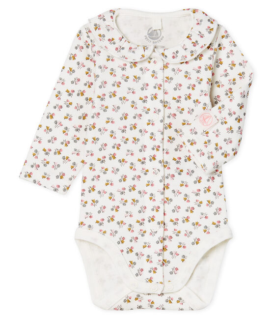 Newborn Baby Girls' Long-Sleeved Ribbed Bodysuit MARSHMALLOW white/CHARME pink/MULTICO