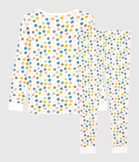 Girls' Glow-In-The-Dark Retro Floral Snugfit Cotton Pyjamas MARSHMALLOW white/MULTICO white