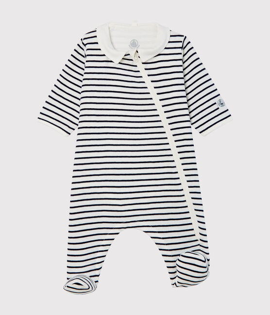 Babies' Zip-Up Ribbed Bodyjama MARSHMALLOW white/SMOKING blue