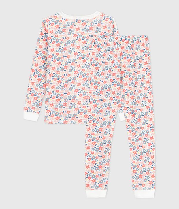 Children's pyjamas in cotton with a flower print and snug-fitting legs white/multicolor