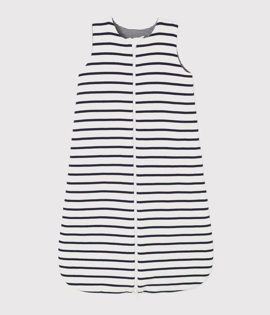 BABIES' STRIPY REVERSIBLE RIB KNIT COTTON TOG 2-RATED SLEEPING BAG COQUILLE beige/ABYSSE blue