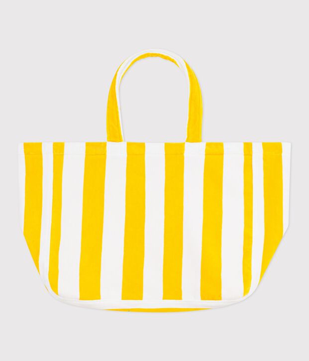 Women's stripy cotton terry beach bag yellow/white