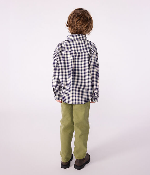 Boys' checked cotton shirt blue/ecru