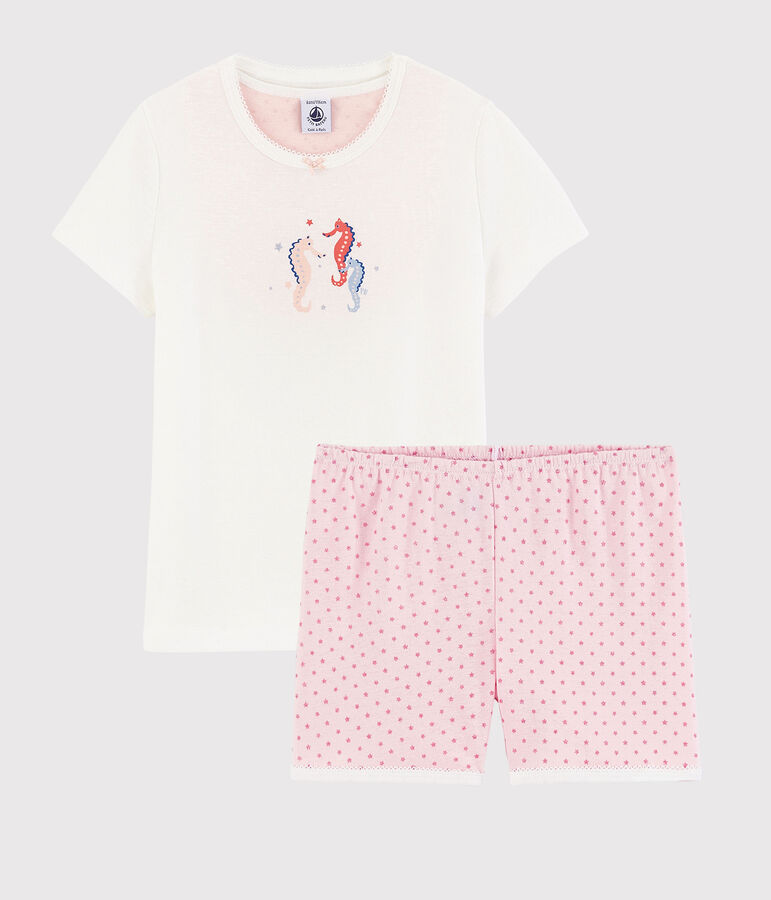 Girls' Seahorse Pattern Cotton Short Pyjamas white/pink