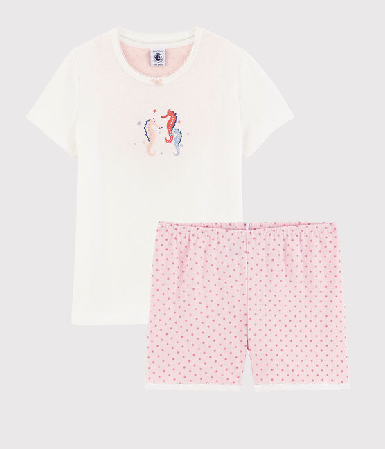 Girls' Seahorse Pattern Cotton Short Pyjamas MARSHMALLOW white/GRETEL pink