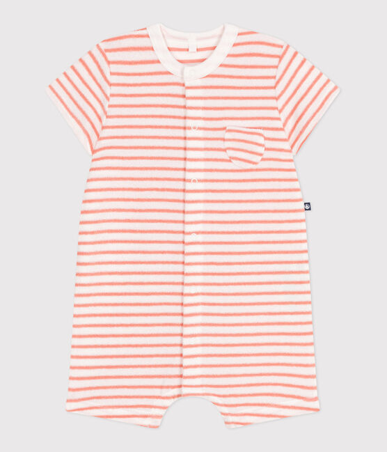 Babies' stripy cotton terry playsuit MARSHMALLOW orange/ABRICOT