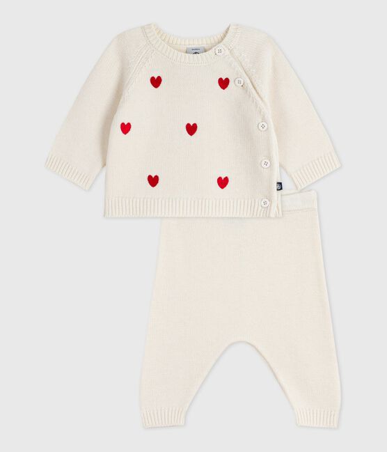 Babies' two-piece knitted outfit with embroidered hearts MARSHMALLOW red/POMPEI