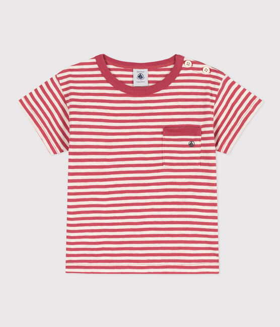Babies' Short-Sleeved Striped Slub Jersey T-Shirt PAPI pink/AVALANCHE beige