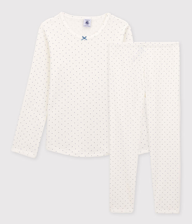 Girls' Openwork Spotted Organic Cotton Pyjamas white/blue