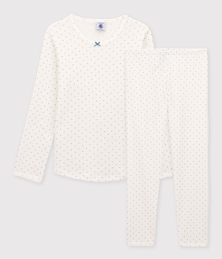 Girls' Openwork Spotted Organic Cotton Pyjamas white/blue