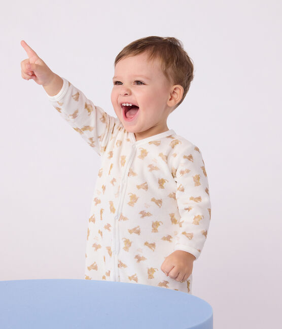 Babies' velour pyjama suit printed with leopards MARSHMALLOW white/MULTICO white