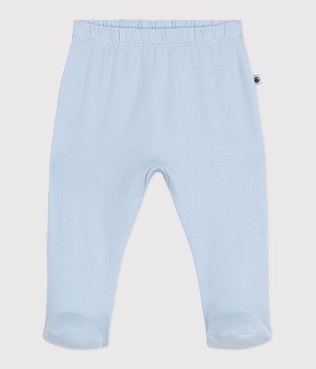 Newborn babies' plain cotton trousers with feet blue
