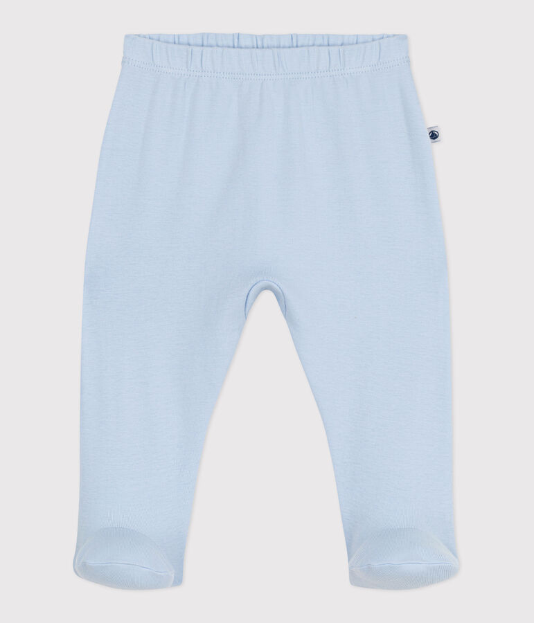 Newborn babies' plain cotton trousers with feet blue