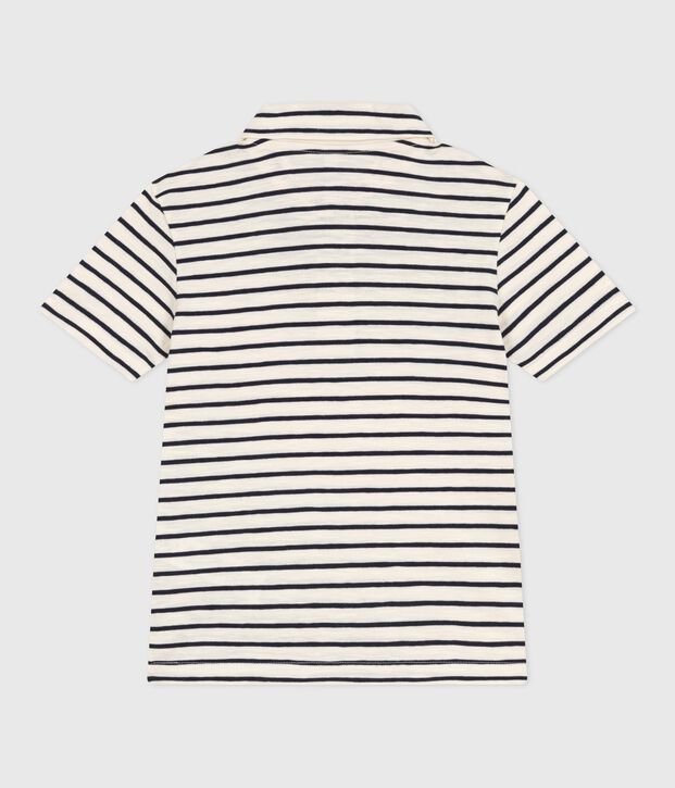 Children's short-sleeved stripy cotton polo shirt Ecru/blue