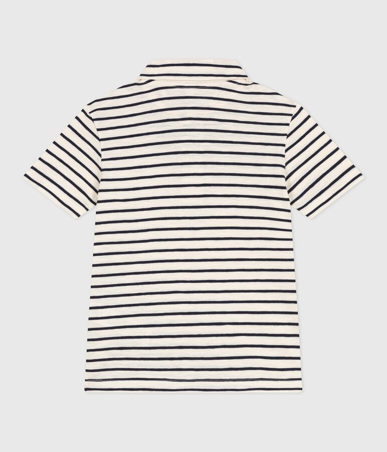Children's short-sleeved stripy cotton polo shirt Ecru/blue