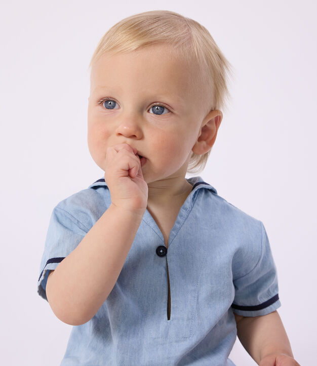 Babies' 2-piece set in chambray including a T-shirt with a sailor collar blue