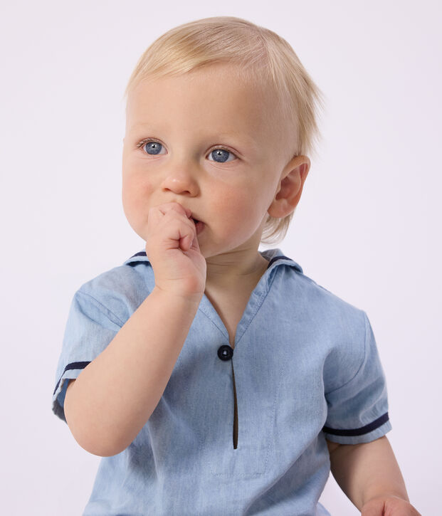 Babies' 2-piece set in chambray including a T-shirt with a sailor collar blue