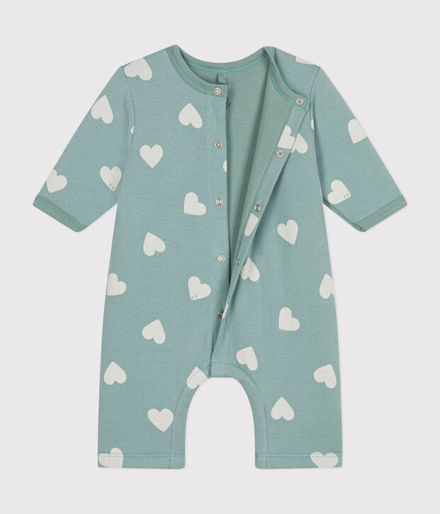 Babies' long padded cotton jumpsuit green/ecru