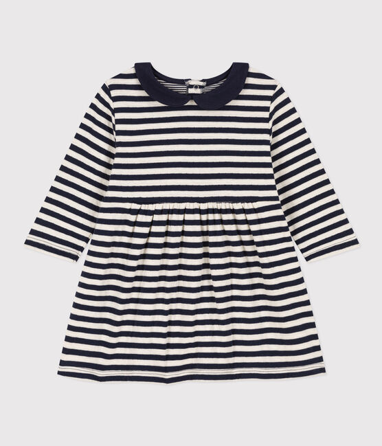 Babies' Long-Sleeved Stripy Tube-Knit Dress SMOKING blue/AVALANCHE