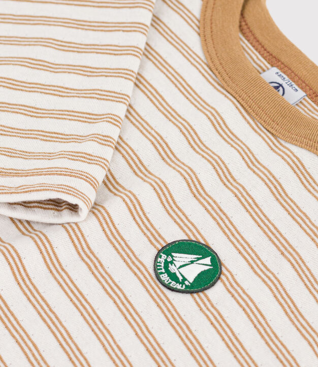 Children's long-sleeved stripy T-shirt beige/ecru/beige