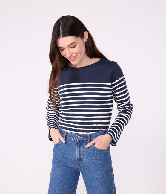 Women's long-sleeved cotton Breton top SMOKING blue/MARSHMALLOW white