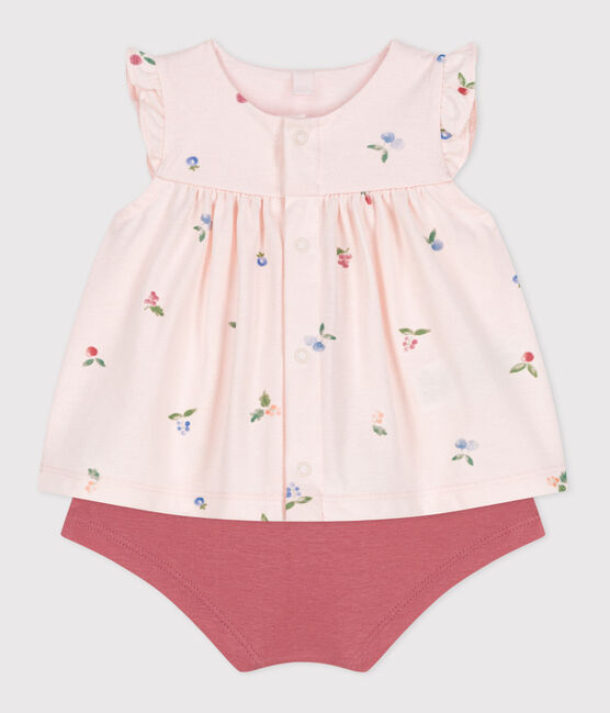 Newborn babies' two-piece cotton set with a ruffled blouse FLEUR pink/MULTICO white