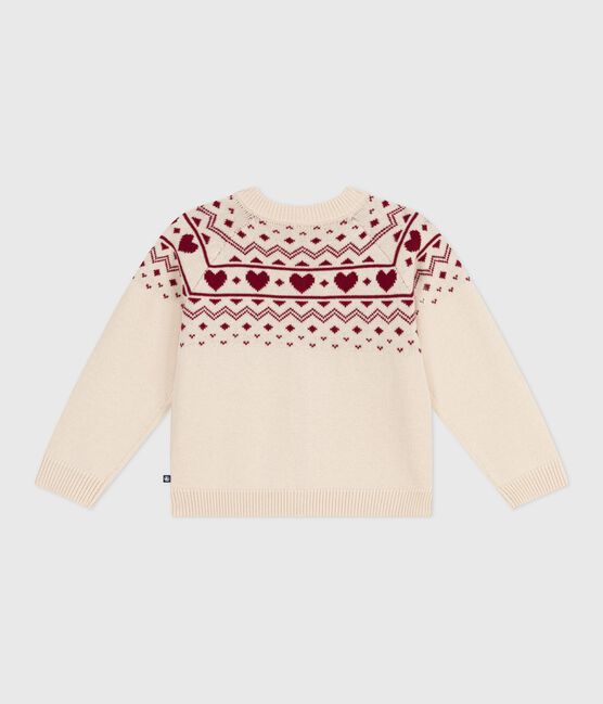 Children's cotton and wool patterned jacquard cardigan AVALANCHE Ecru/AMARANTE