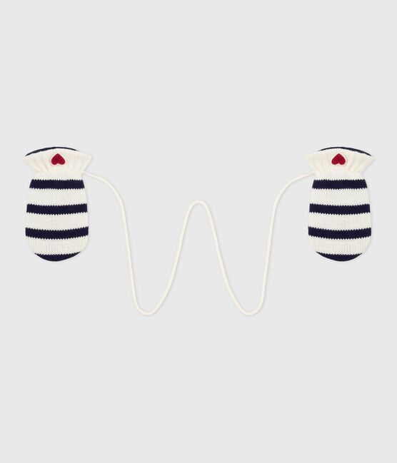 Babies' stripy knitted mittens lined in polar fleece MARSHMALLOW blue/SOIR