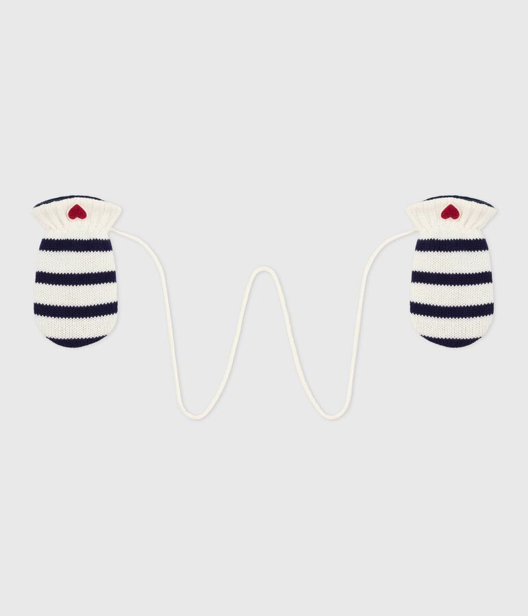 Babies' stripy knitted mittens lined in polar fleece white/blue