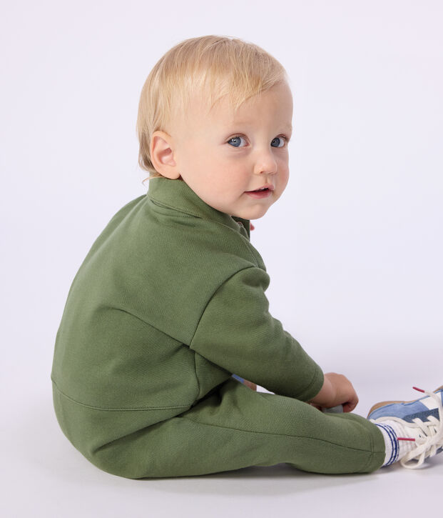 Babies' long plain cotton jumpsuit OLIVINE