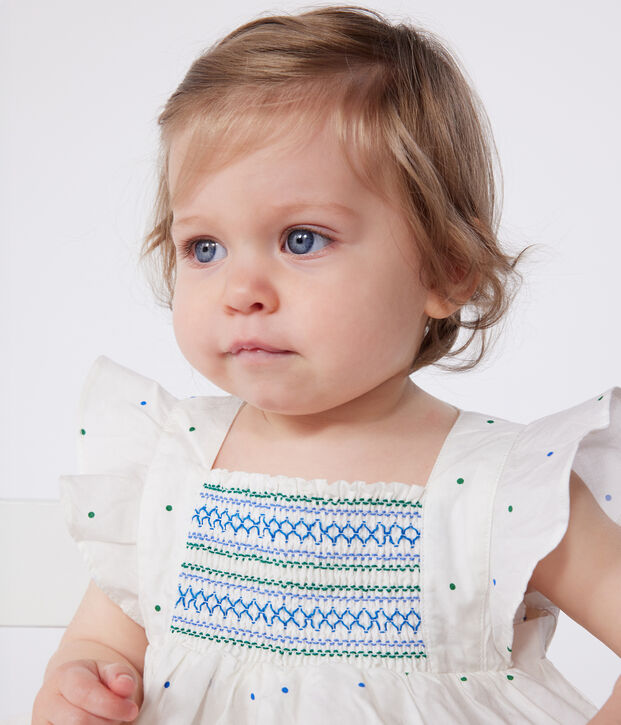 Babies' white cotton dress and bloomers printed with spots white/multicolor