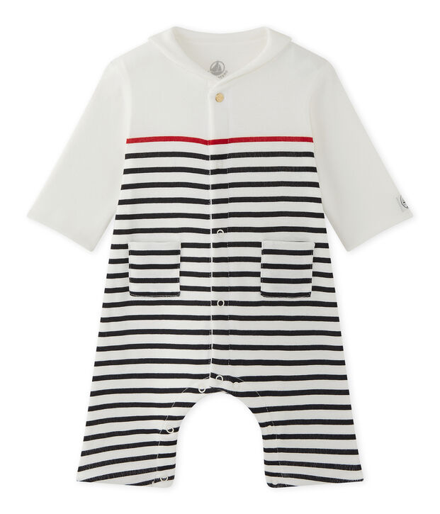 Baby boys' striped all-in-one with pea jacket collar white/blue/red