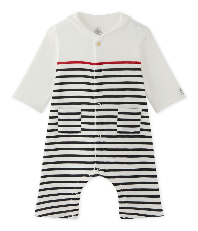 Baby boys' striped all-in-one with pea jacket collar white/blue/red