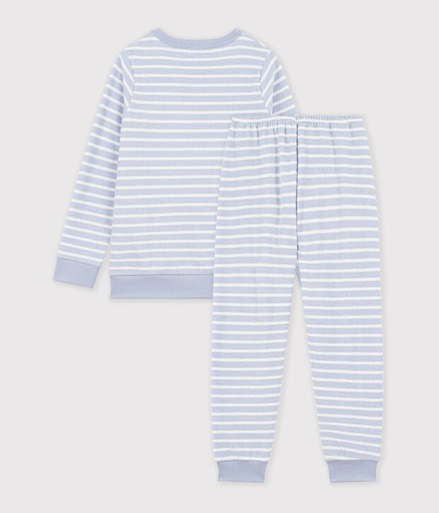 Children's stripy cotton terry pyjamas blue/ecru