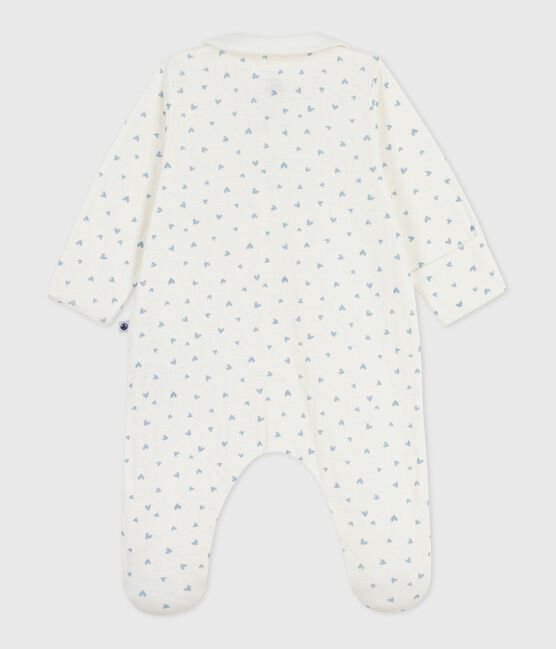 Babies' heart-print velour pyjama suit with a collar MARSHMALLOW blue/FLO