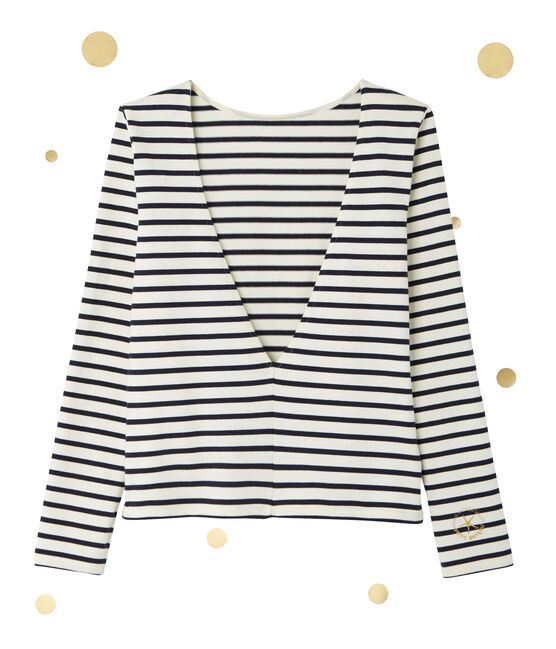 Marinière femme décolletée dans le dos. Petit bateau x Marie-Agnès Gillot COQUILLE beige/SMOKING blue
