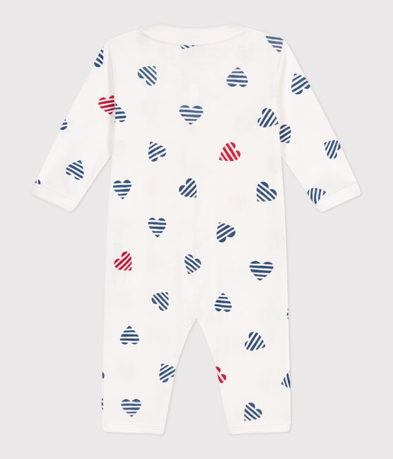 Babies' stripy footless cotton pyjamas with a heart-patterned collar MARSHMALLOW white/MULTICO white