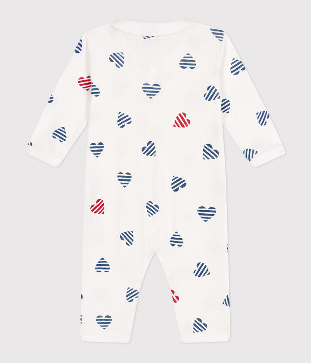 Babies' stripy footless cotton pyjamas with a heart-patterned collar white/multicolor