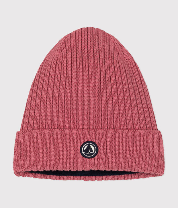 Children's polar fleece-lined knitted beanie hat pink