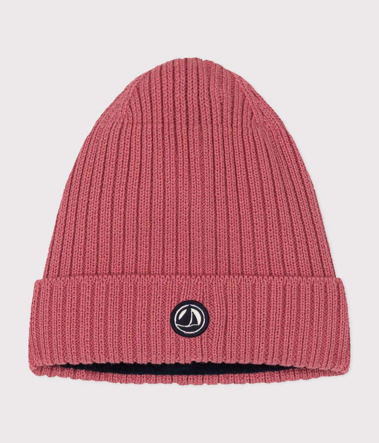 Children's polar fleece-lined knitted beanie hat pink