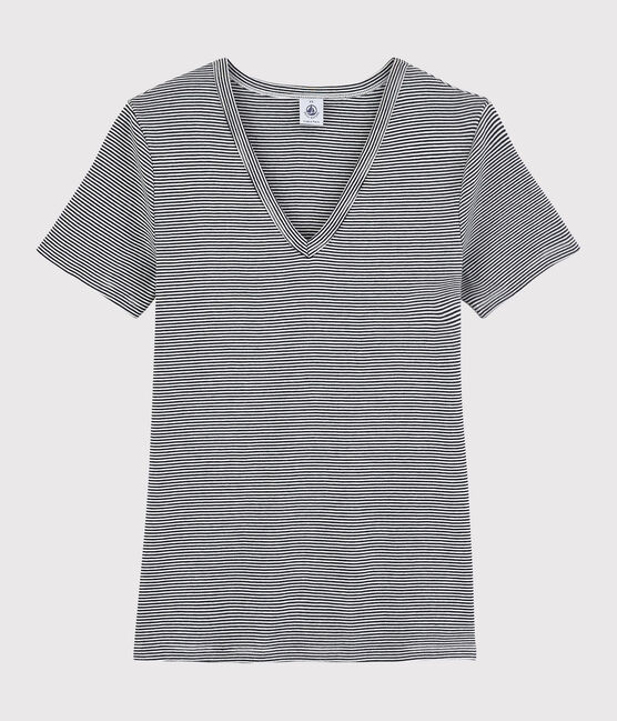 Women's Iconic V-Neck Striped Cotton T-Shirt SMOKING blue/MARSHMALLOW white